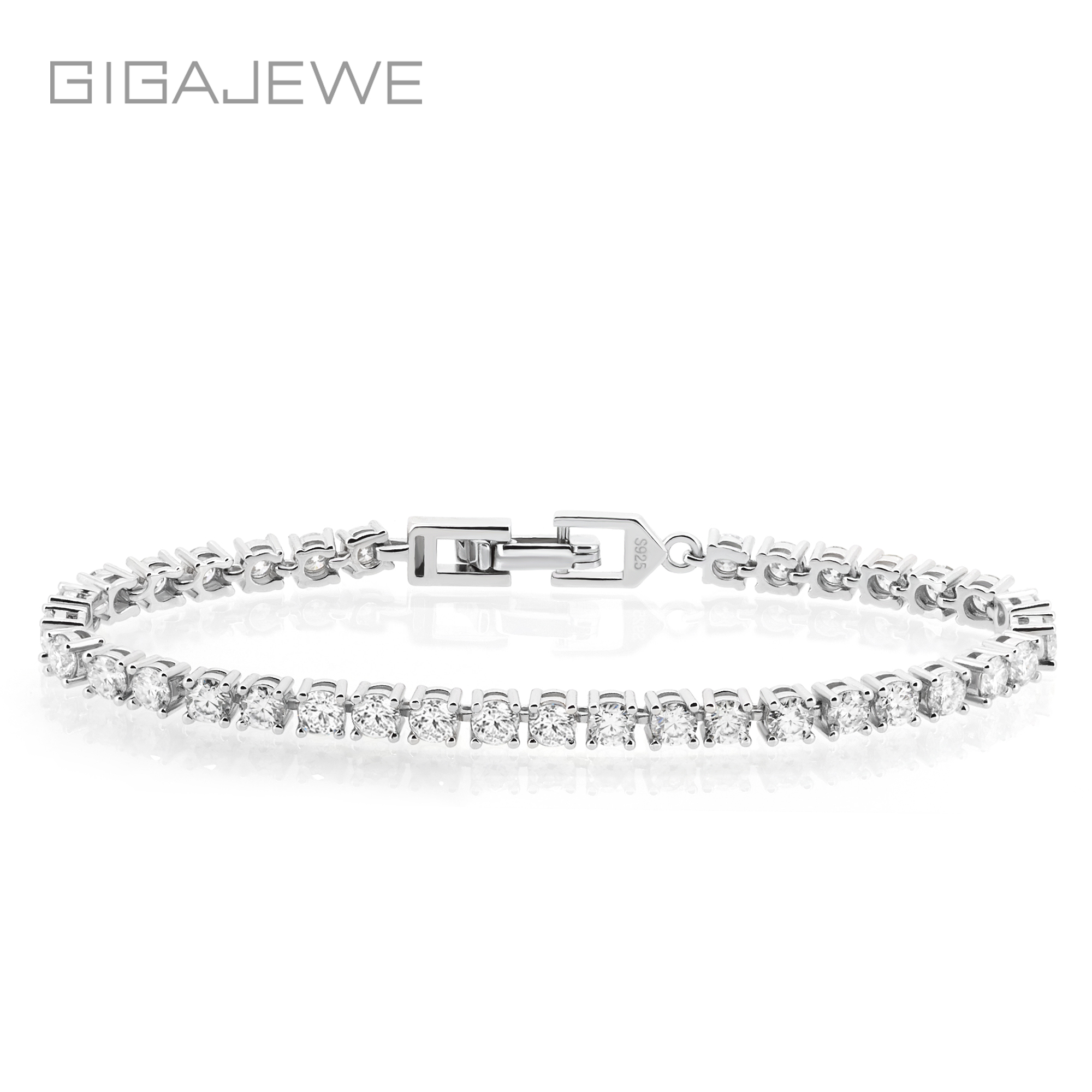 GIGAJEWE 4.3ct 3.0mmX43Pcs D 颜色圆形切割镀白金 925 银莫桑石网球手链女士女朋友礼物