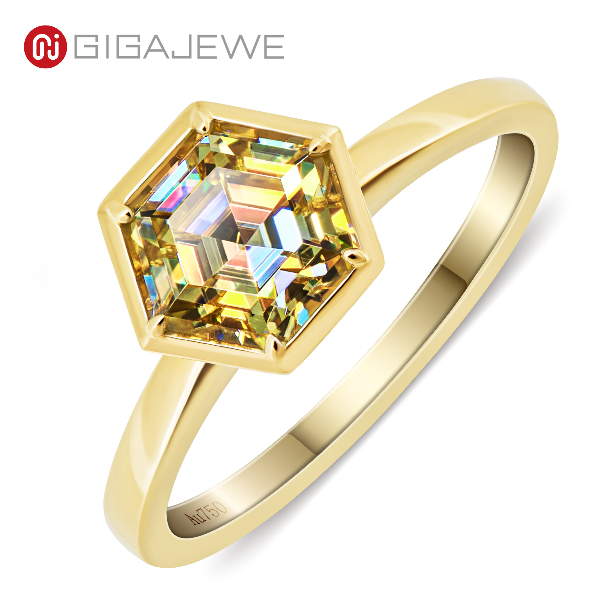 GIGAJEWE 莫桑钻戒指 1.0ct 6.0mm 六角形切割 鲜艳黄色 蓝色 绿色 粉色 18K 黄金戒指 首饰 女朋友礼物