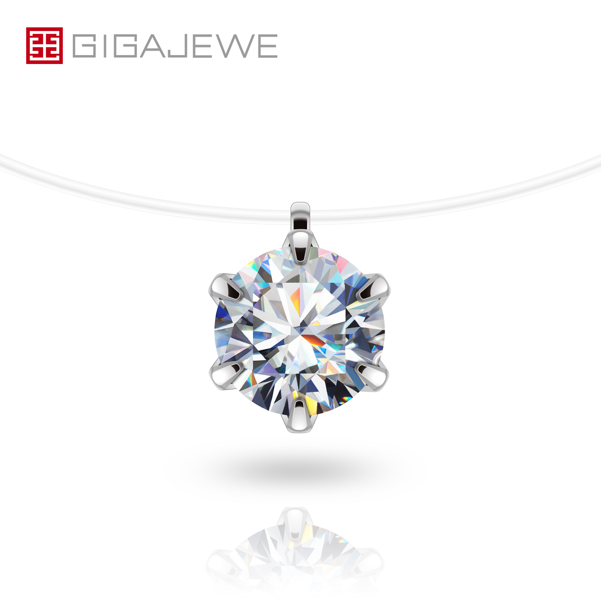 GIGAJEWE 2.0ct 8.0mm VVS1 EF彩色圆形莫桑石鱼线领吊坠项链隐形项链925银女孩礼物