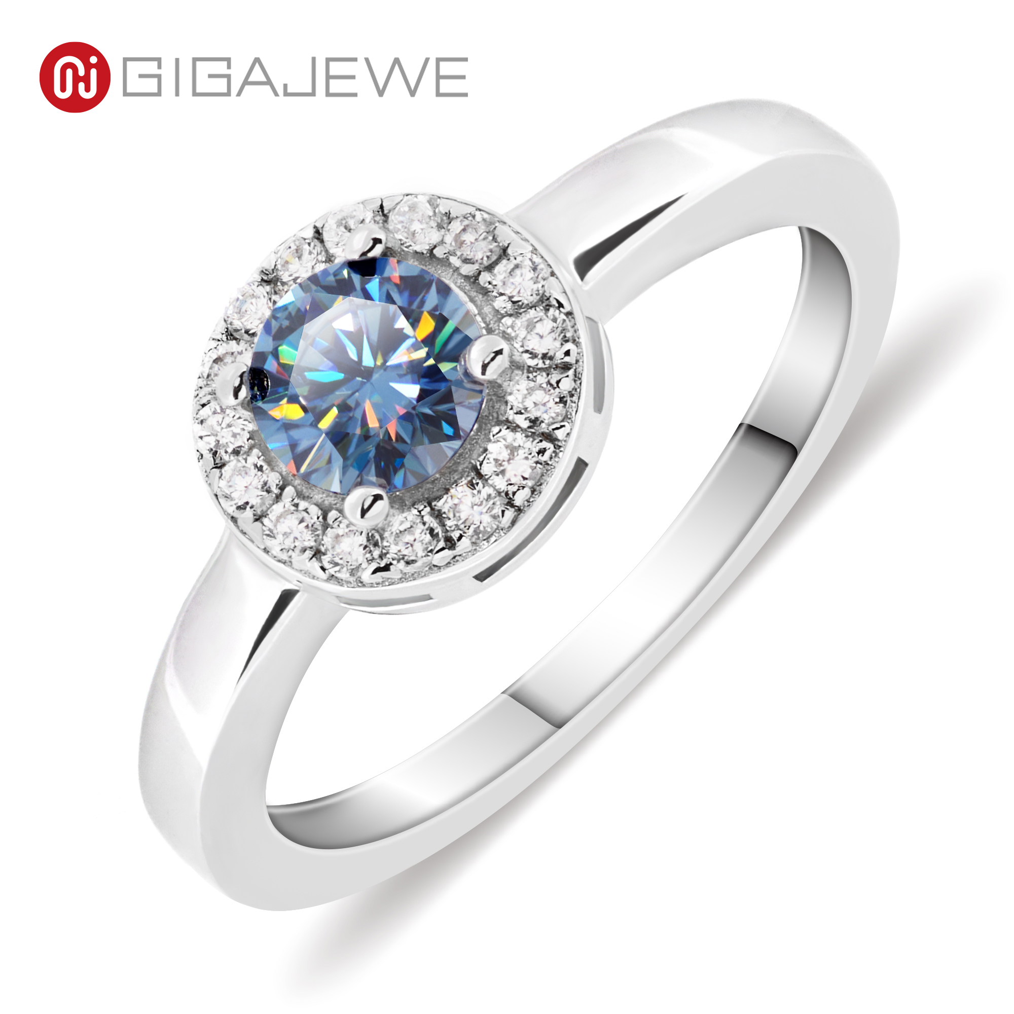 GIGAJEWE 0.5ct 蓝色莫桑钻 VVS1 圆形切割 18K 白金戒指首饰周年纪念女士女朋友礼物
