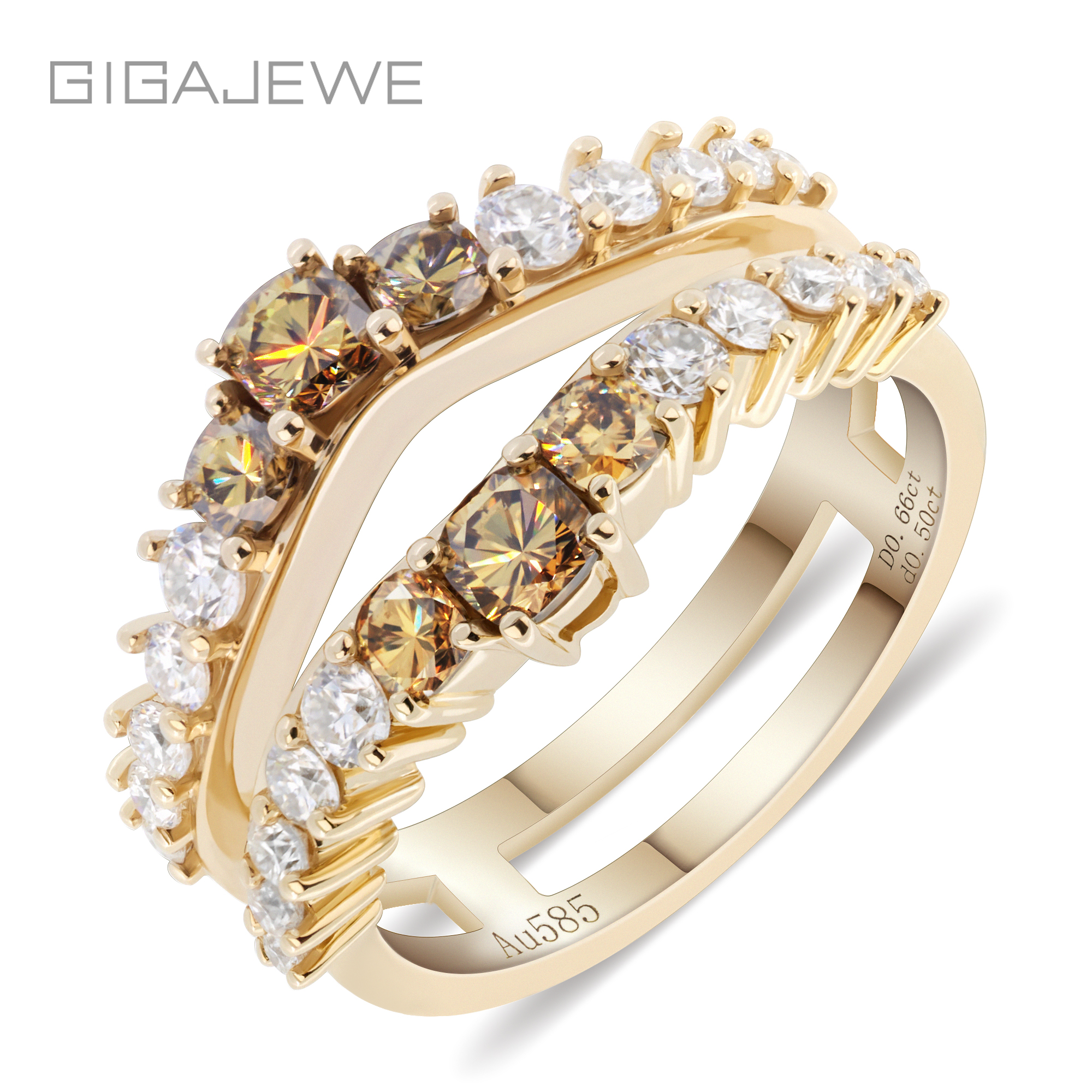 GIGAJEWE Total 1.16ct 2X3mm 4X2.5mm Moissanite VVS1 Yellowish Brown Cushion Cut 18K 黄金戒指首饰女朋友礼物