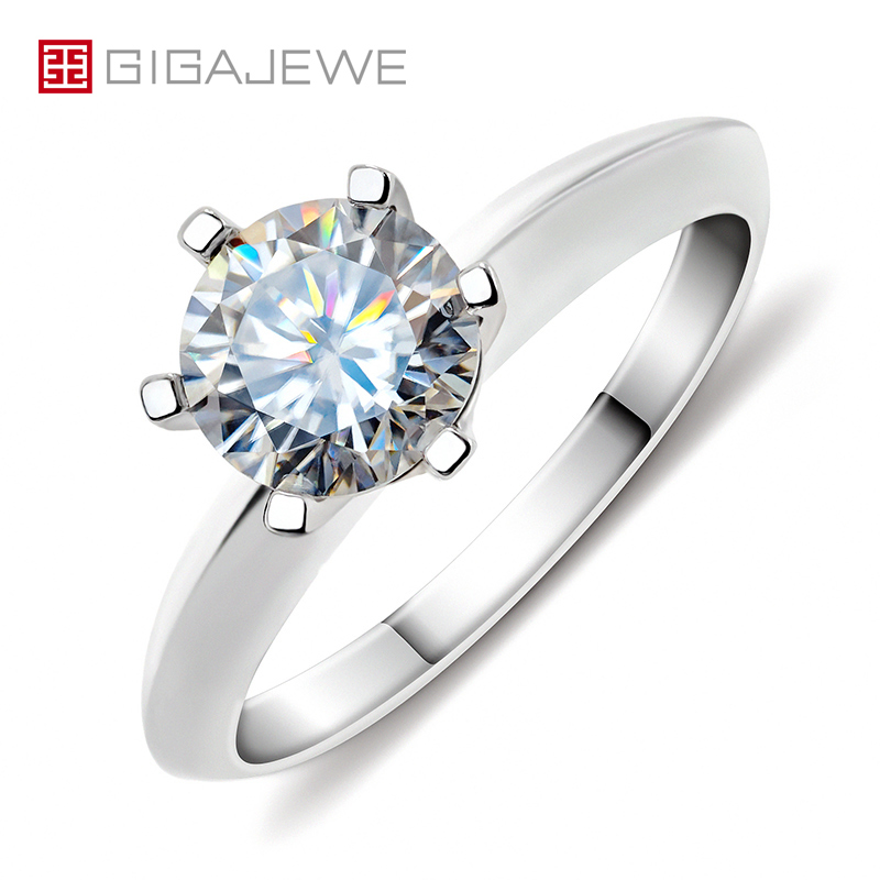 GIGAJEW 1.0 克拉 6.5 毫米 EF 圆形 18K 白金镀 925 银莫桑石戒指钻石测试通过珠宝女士女孩礼物