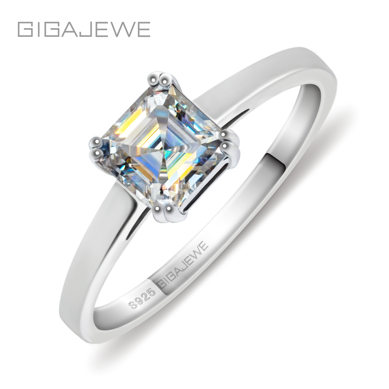 GIGAJEWE 0.8ct 5.5mm D Asscher 18K 白金镀 925 银莫桑石戒指钻石测试通过珠宝女士女孩礼物