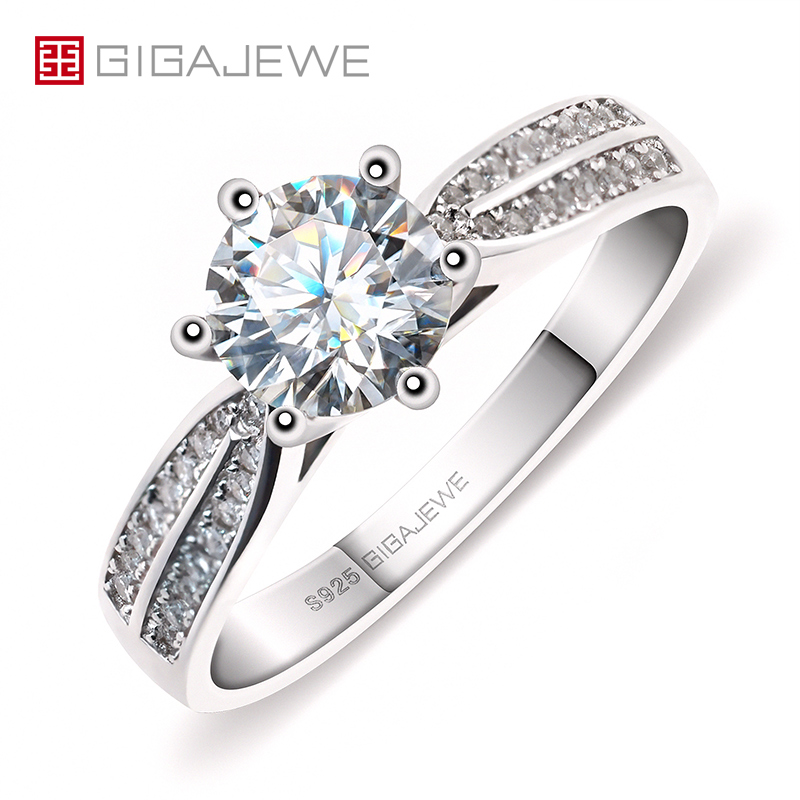GIGAJEWE 1.0 克拉 6.5 毫米 EF 圆形 18K 白金镀 925 银莫桑石戒指钻石测试通过珠宝女士女孩礼物