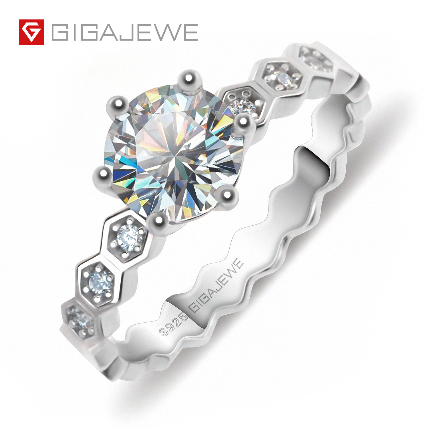 GIGAJEWE 1.0 克拉 6.5 毫米 EF 圆形 18K 白金镀 925 银莫桑石戒指钻石测试通过珠宝女士女孩礼物