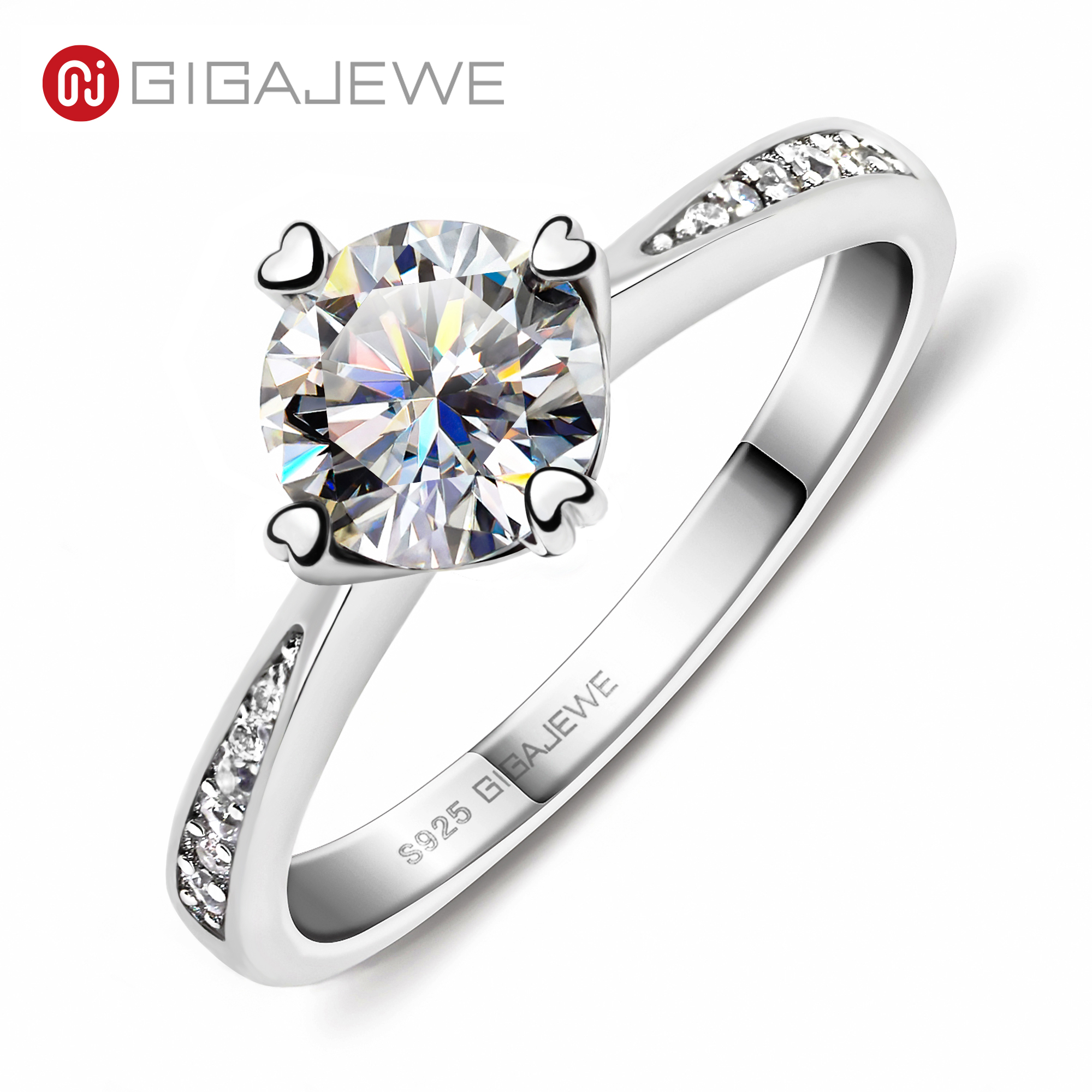 GIGAJEWE 莫桑钻戒指共 1.0 克拉 VVS1 圆形切割 EF 颜色 925 银首饰钻石测试通过爱情信物女士女孩礼物