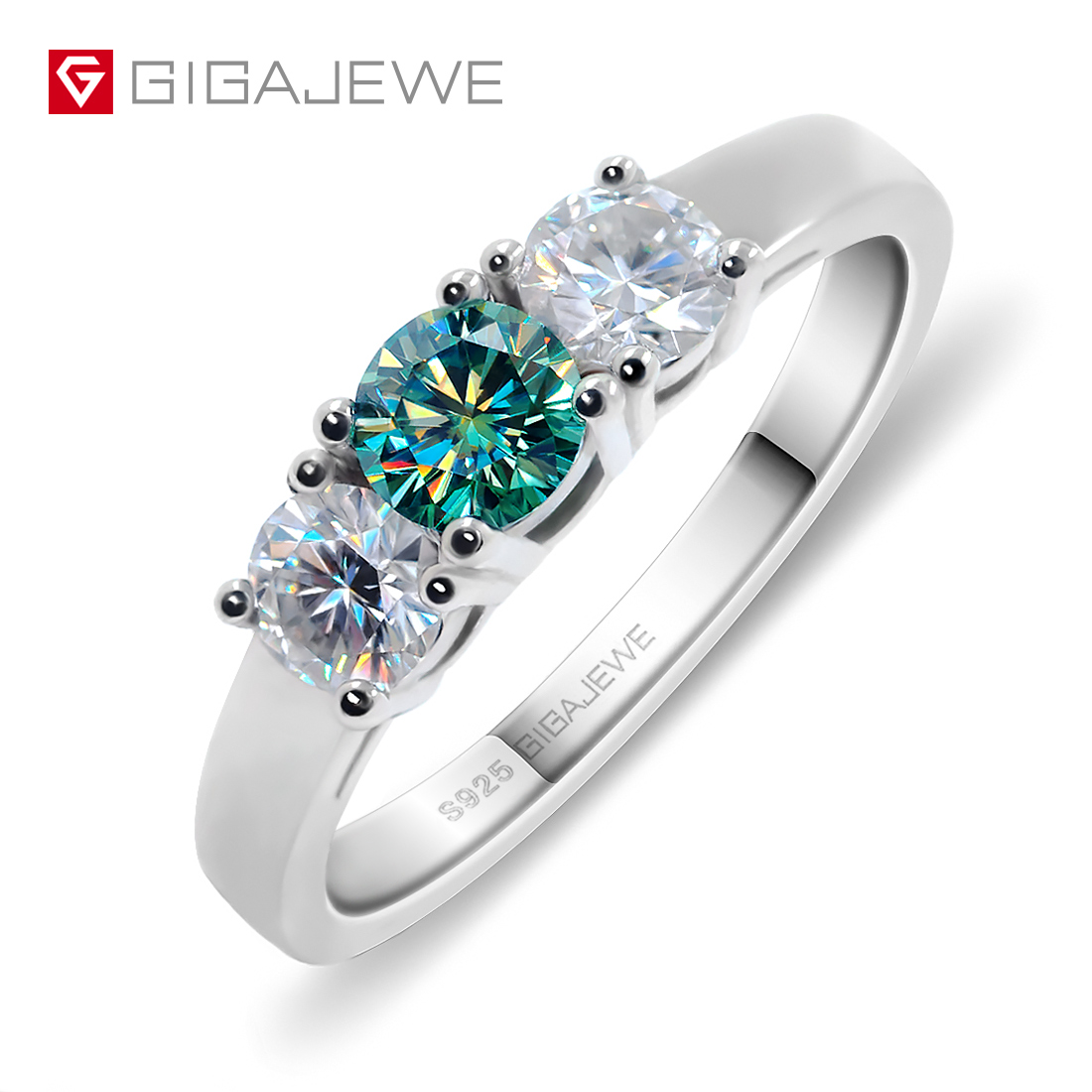GIGAJEWE Total 1.0ct EF/Green VVS1 圆形优质切割钻石测试通过莫桑石 925 银戒指首饰女朋友礼物