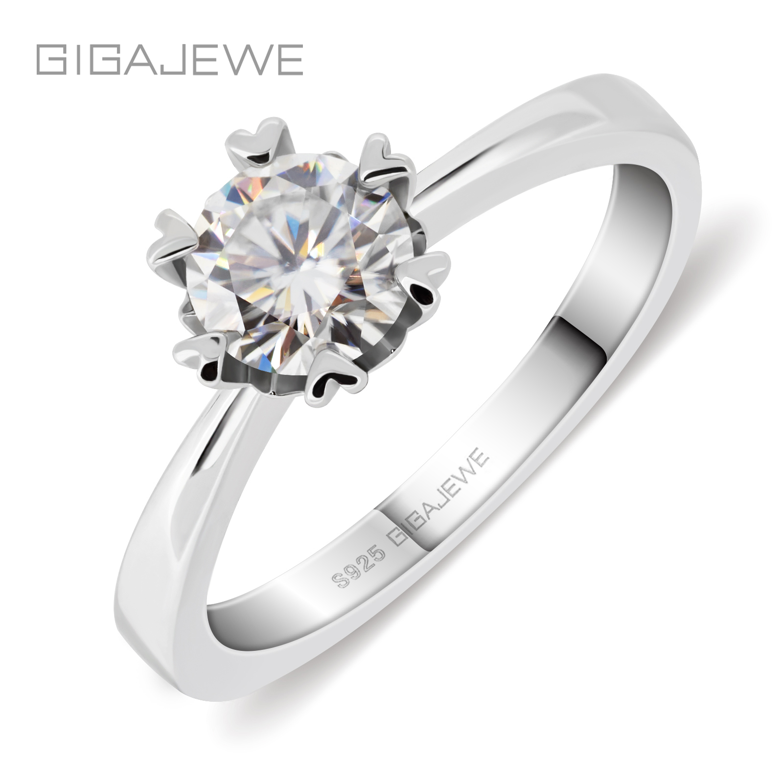 GIGAJEWE 莫桑钻 0.8 克拉 6.0 毫米 EF VVS1 圆形切割 925 银 18K 镀白金戒指镶爪镶托女士礼物