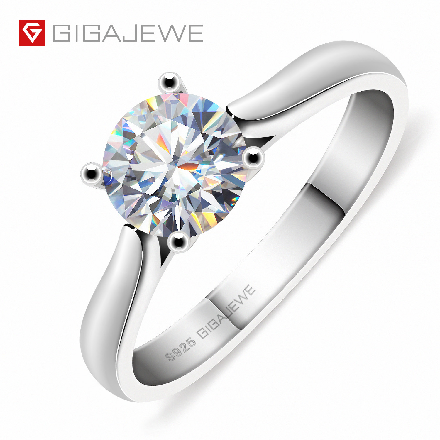 GIGAJEWE 1 克拉 6.5 毫米圆形切割 EF VVS1 莫桑石 925 银戒指钻石测试通过时尚爪镶女孩女士礼物
